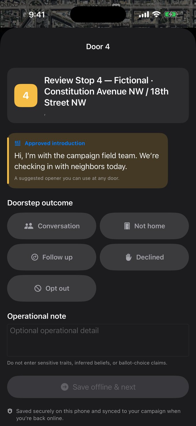 KnockList doorstep screen showing the approved introduction, outcome buttons, and an operational note field