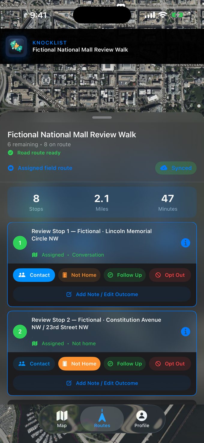 KnockList routes view listing numbered stops with one-tap outcome buttons and a road route summary of stops, miles, and minutes