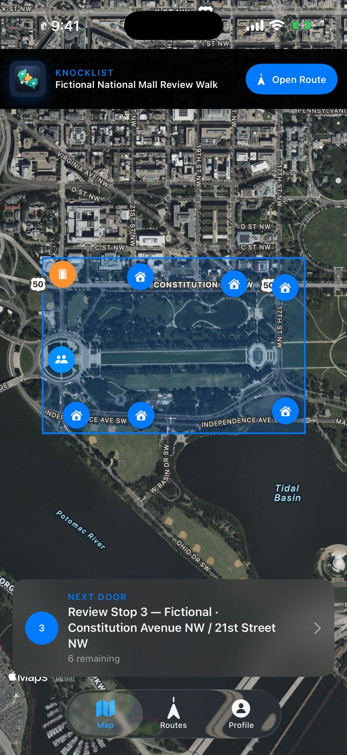 The KnockList map view: an assigned turf boundary over a satellite map, door pins colour-coded by outcome, and the next door on the route
